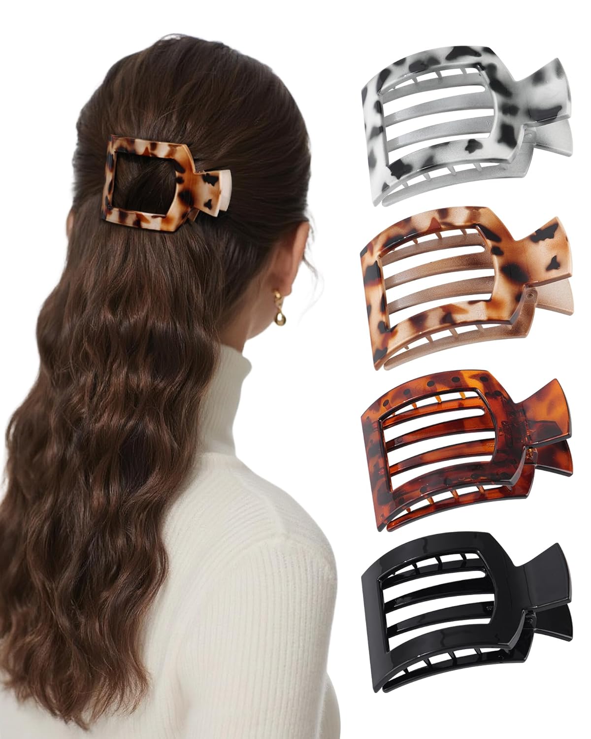 AWAYTR Flat Hair Clips For Women Lay Flat Claw Clip for Hair 4Pcs Large Square Hair Claw Clips