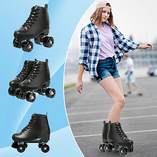 Miniatura 3 de Patines para mujer de cuero sintético, patines de cuatro ruedas, patines de rodillo brillantes para niñas, unisex negro (black black wheel),Rueda de