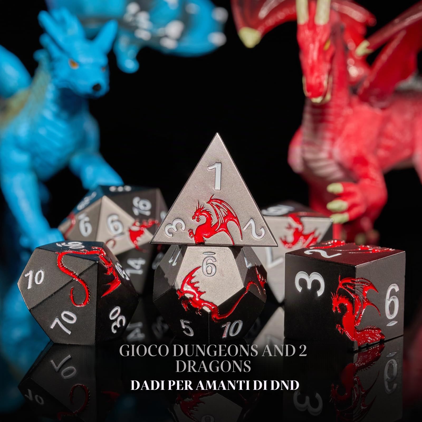 Set di dadi in metallo per DND D&D, per D&D Dungeons and Dragons, TTRPG, dadi in metallo con scatola di dadi a forma di drago (drago nero rosso)