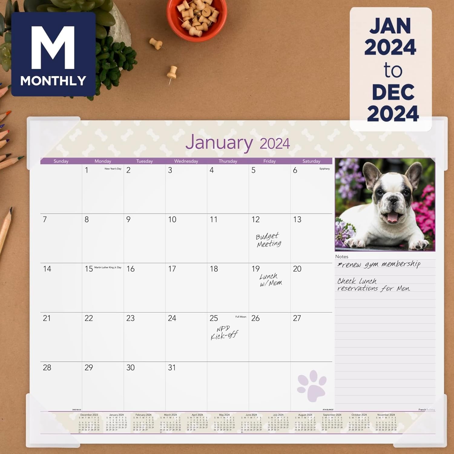 2024 AT-A-GLANCE® Monthly Desk Pad Calendar, 21-3/4" x 17", Puppies, January To December 2024, DMD16632