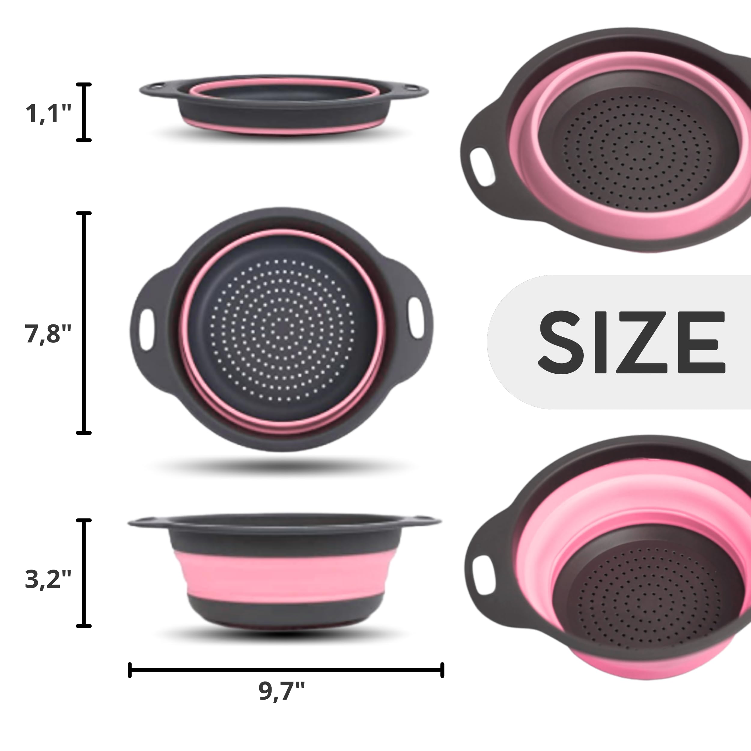 Colador redondo de silicona plegable – Colador de cocina plegable pequeño colador plegable rosa con asas de plástico para drenar verduras y frutas, colador de cocina redondo de silicona para pasta 2
