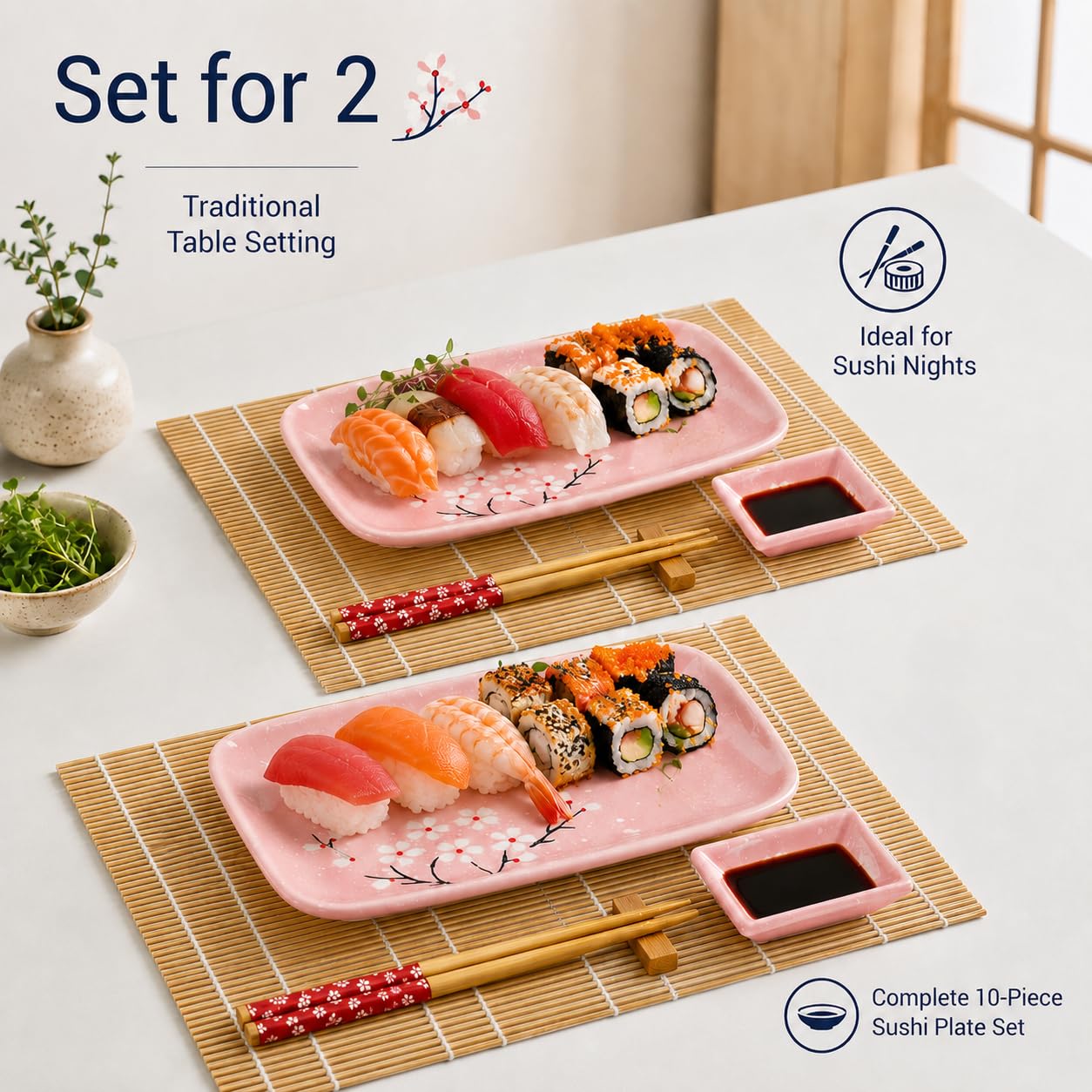 Exzact 10-teiliges Sushi-Set – 2 x Sushi-Teller, 2 x Dip-Schalen, 2 x Bambus-Tischsets, 2 x Bambus-Essstäbchen, 2 Paar Essstäbchen – hochwertiges Porzellan