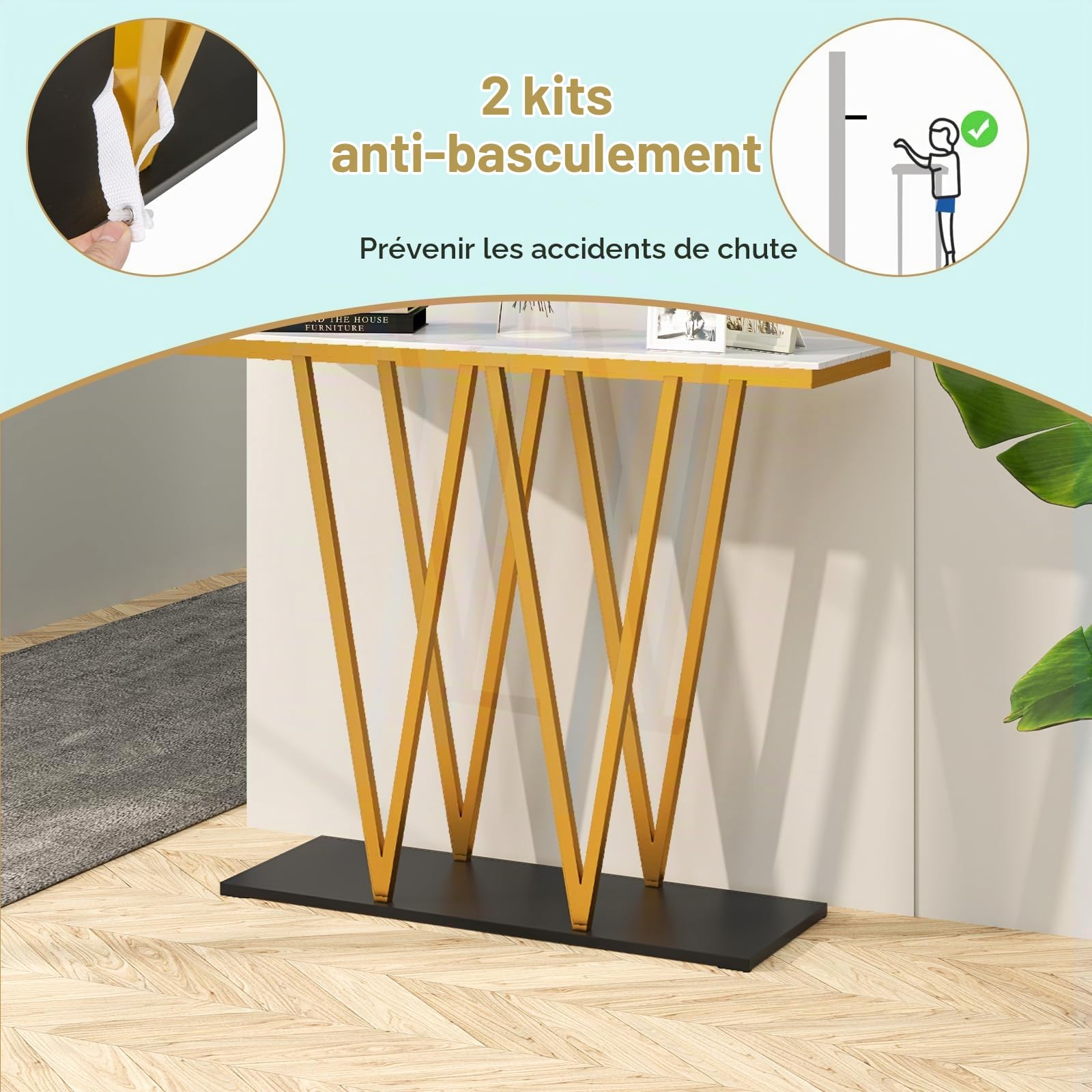 LIFEZEAL Table Console avec Plateau en Marbre Imité, Table d'Entrée Cadre en Métal, Meuble Console Moderne pour Salon, Entrée, Couloir, 100 x 30 x 79 cm (Style 3, Blanc)