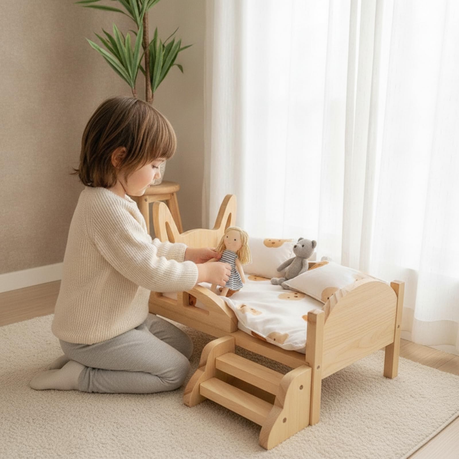 Letto per Bambole Letto Bambola Culla Giocattolo Mobili Bambole in Legno Stile Tradizionale con Alte per Giochi di Ruolo, Letto Singolo Orsetto + Piumino Anatroccolo