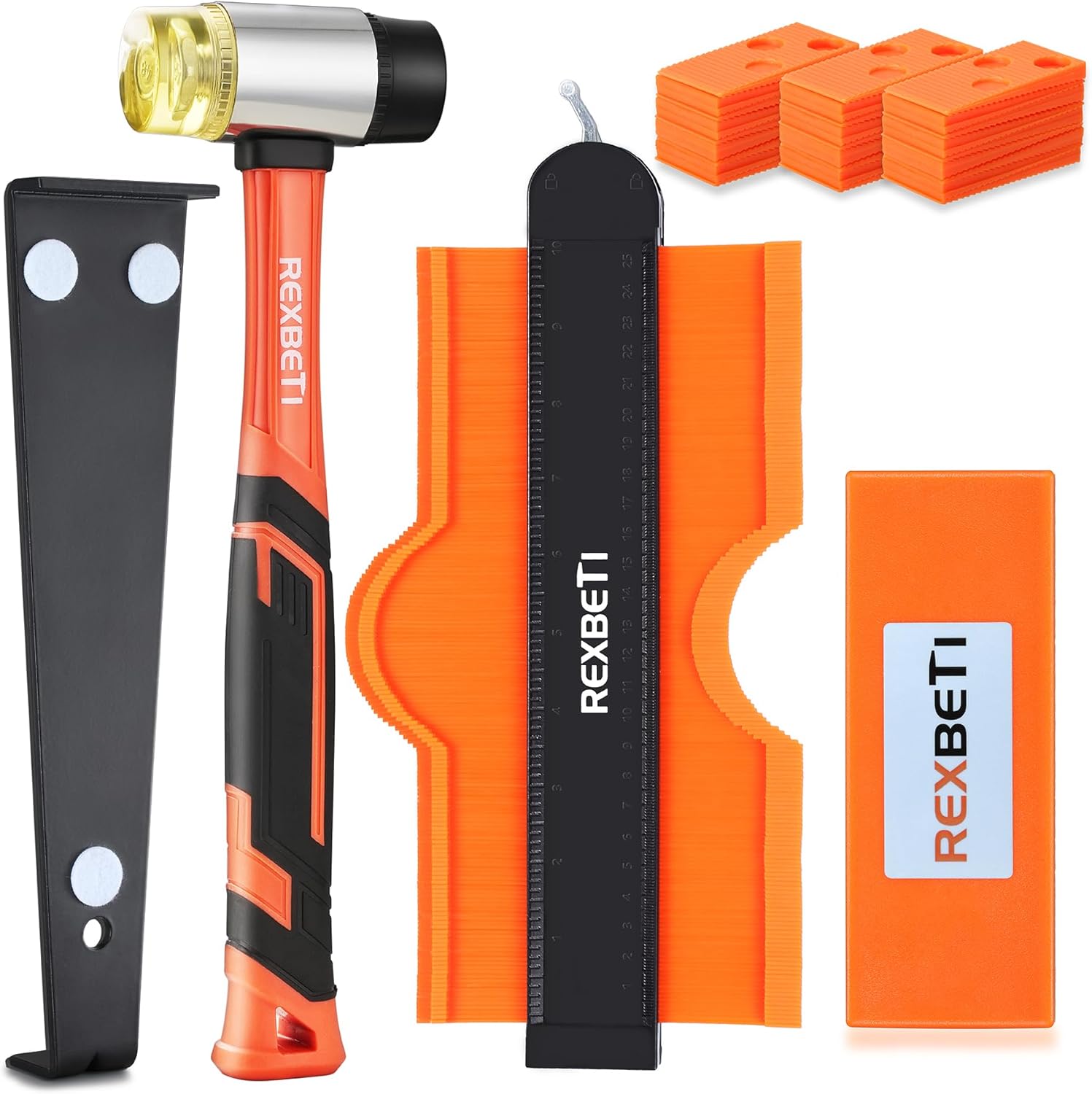 REXBETI 44-Piece Upgraded Laminate Wood Flooring Installation Kit with Solid Tapping Block, Long and Wider Pull Bar, Diameter 1 9/16" Reinforced Double-Faced Mallet, 10" Contour Gauge and 40 Spacers