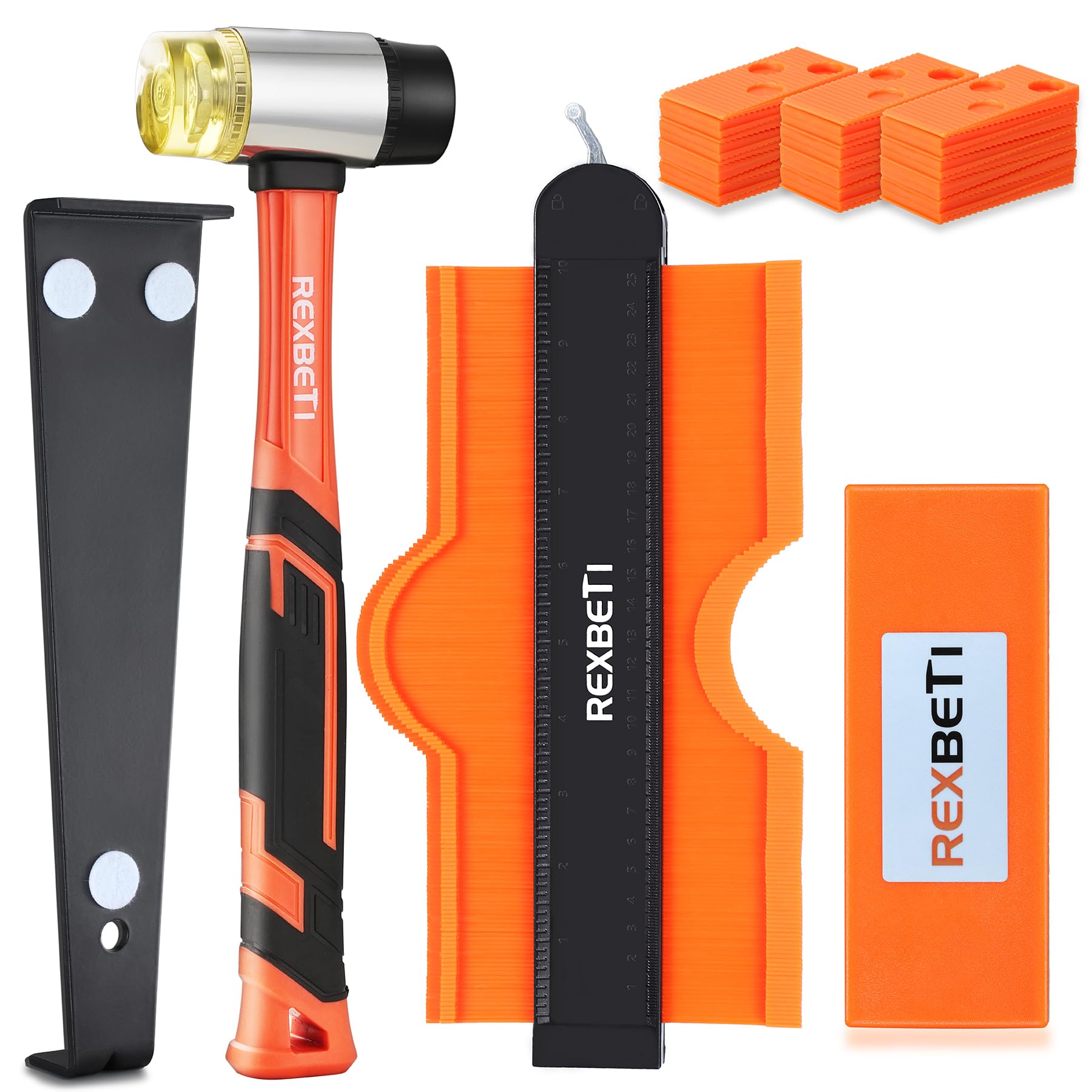 44-Piece Upgraded Laminate Wood Flooring Installation Kit with Solid Tapping Block, Long and Wider Pull Bar, Diameter 1 9/16" Reinforced Double-Faced Mallet, 10" Contour Gauge and 40 Spacers