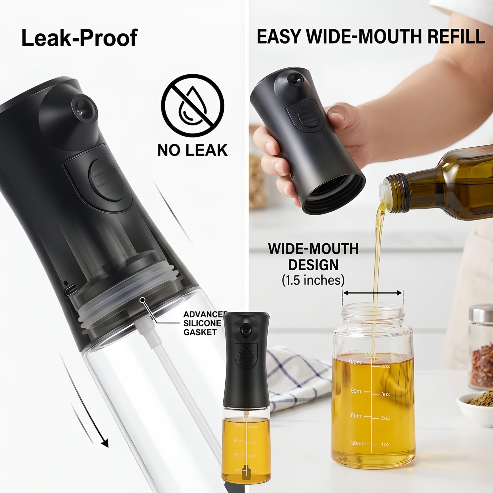Pulverizador de aceite eléctrico para cocinar, rociador de aceite de oliva de vidrio recargable, botella de pulverización continua de niebla fina a pilas para freidora de aire, ensalada