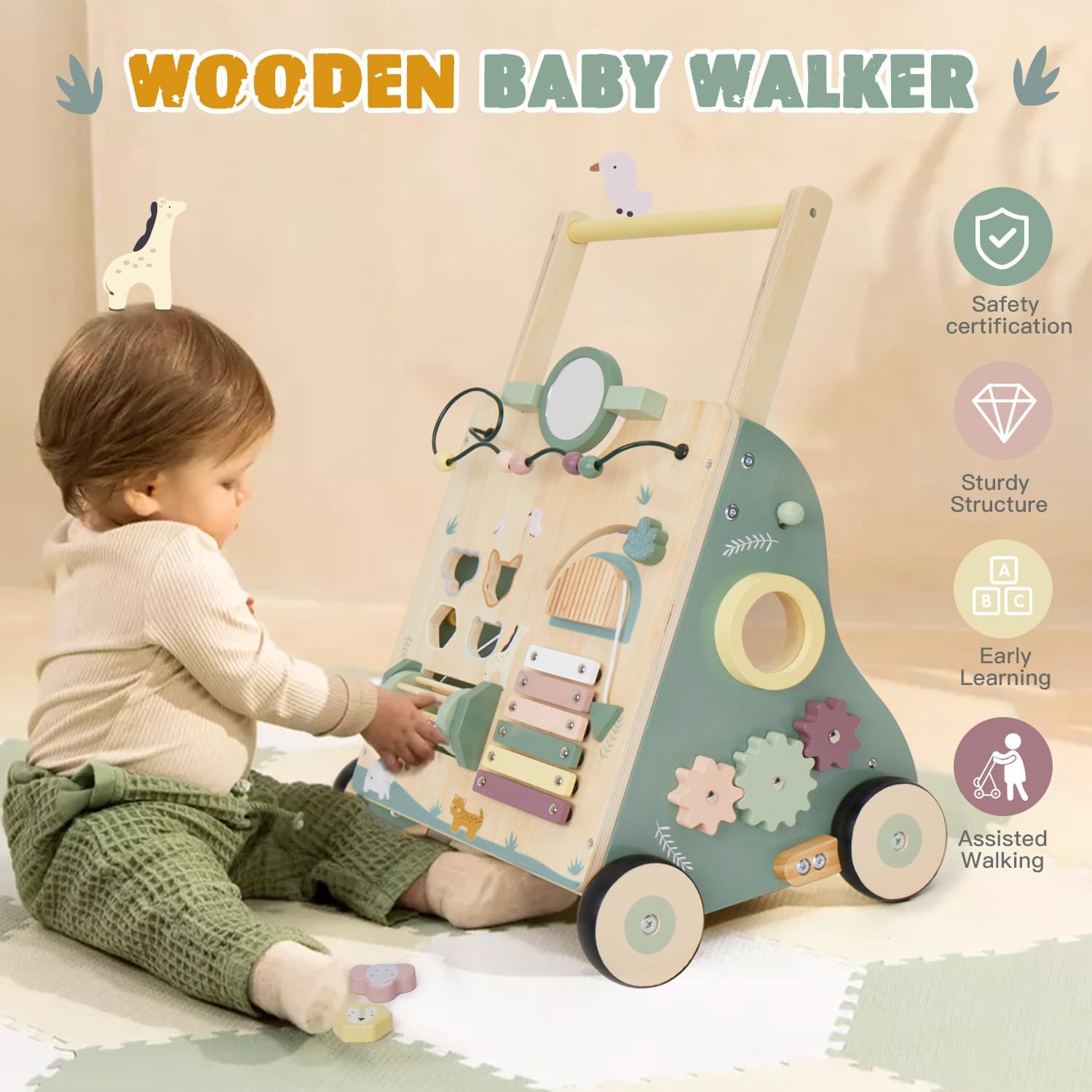 Labebe Passeggino in Legno 8 in 1 - Carrello per Bambini, Girello con Ruote Gommate e Centro Attività, Aiuto per Bambini