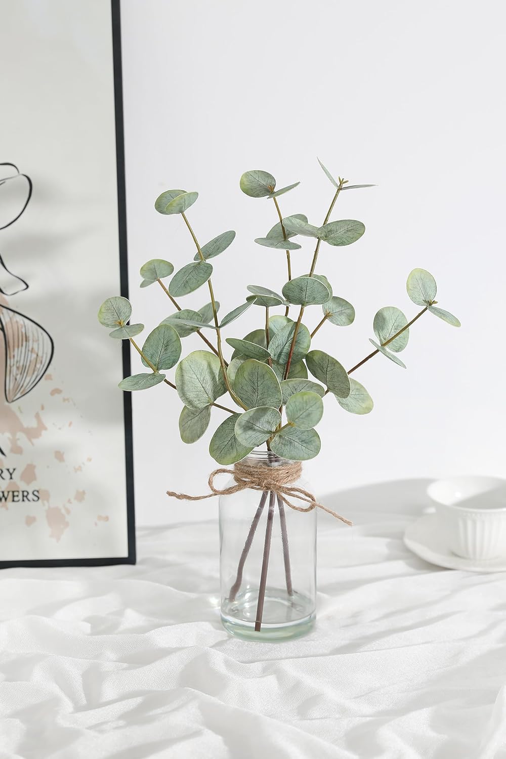 Artificial Eucalyptus Stems in Glass Vase with Faux Water,3Pcs Fake Plant with Double-Sided Green Leaves for Home, Bathroom, Office, Farmhouse, Shelf Coffee Table Decor
