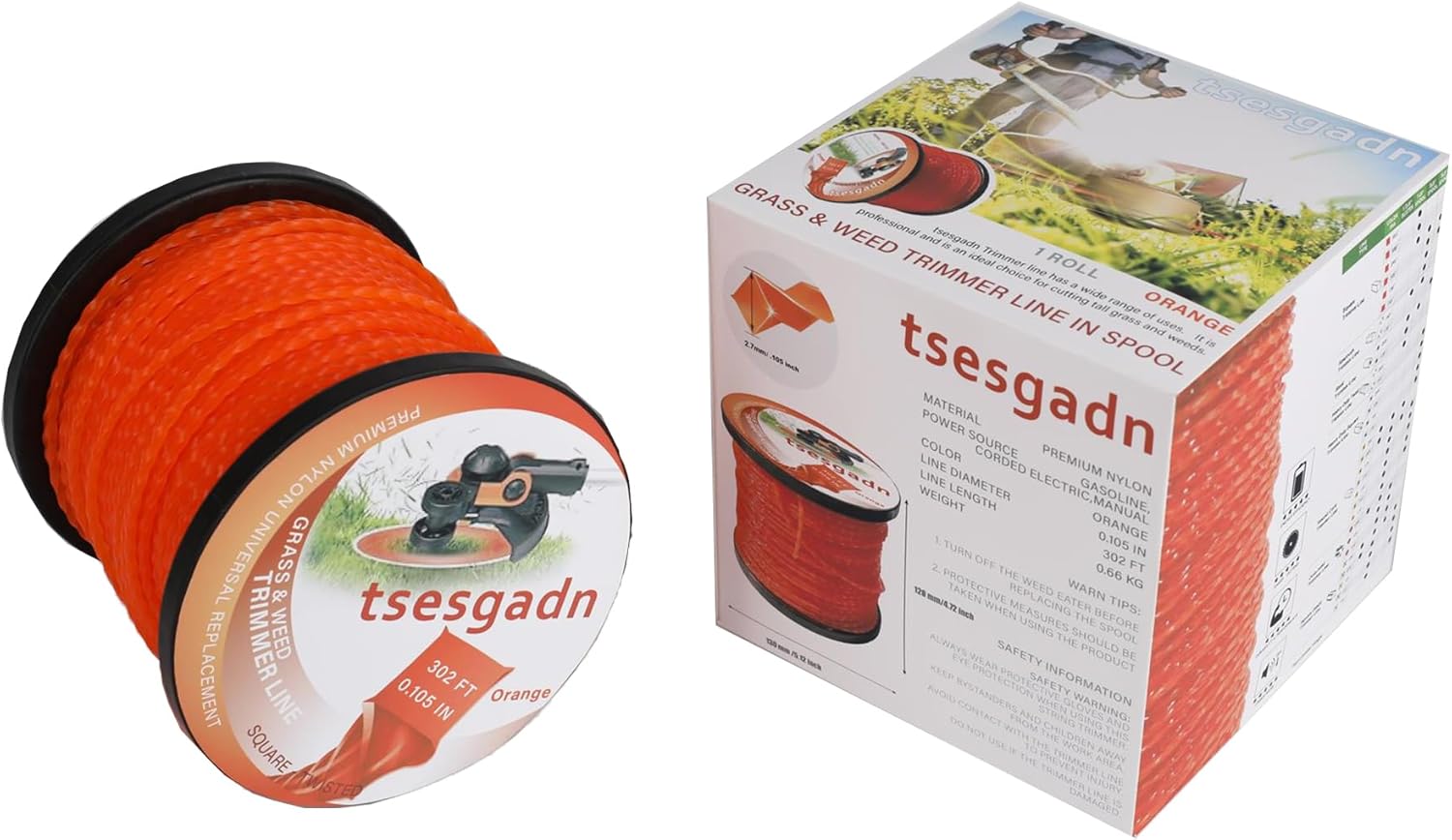 String Trimmer Line Spiral Orange Weed Eater String Premium Nylon Universal 0.105" 302Foot