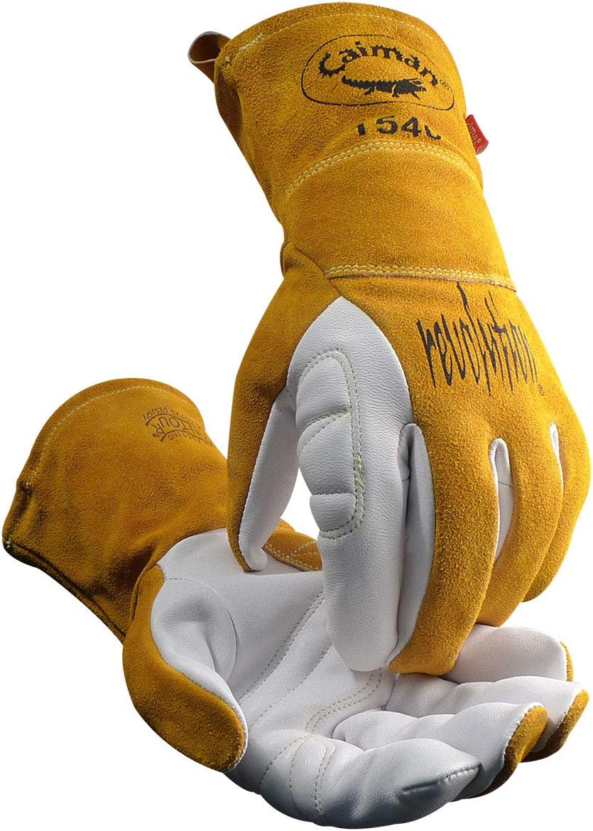 Caiman Premium Goat Grain TIG/Multi-task Welding Gloves, Split Cowhide Back, 4-inch Kontour Wrist Cuff, Unlined, Kevlar Sewn, White/Gold, Medium (1540-4)