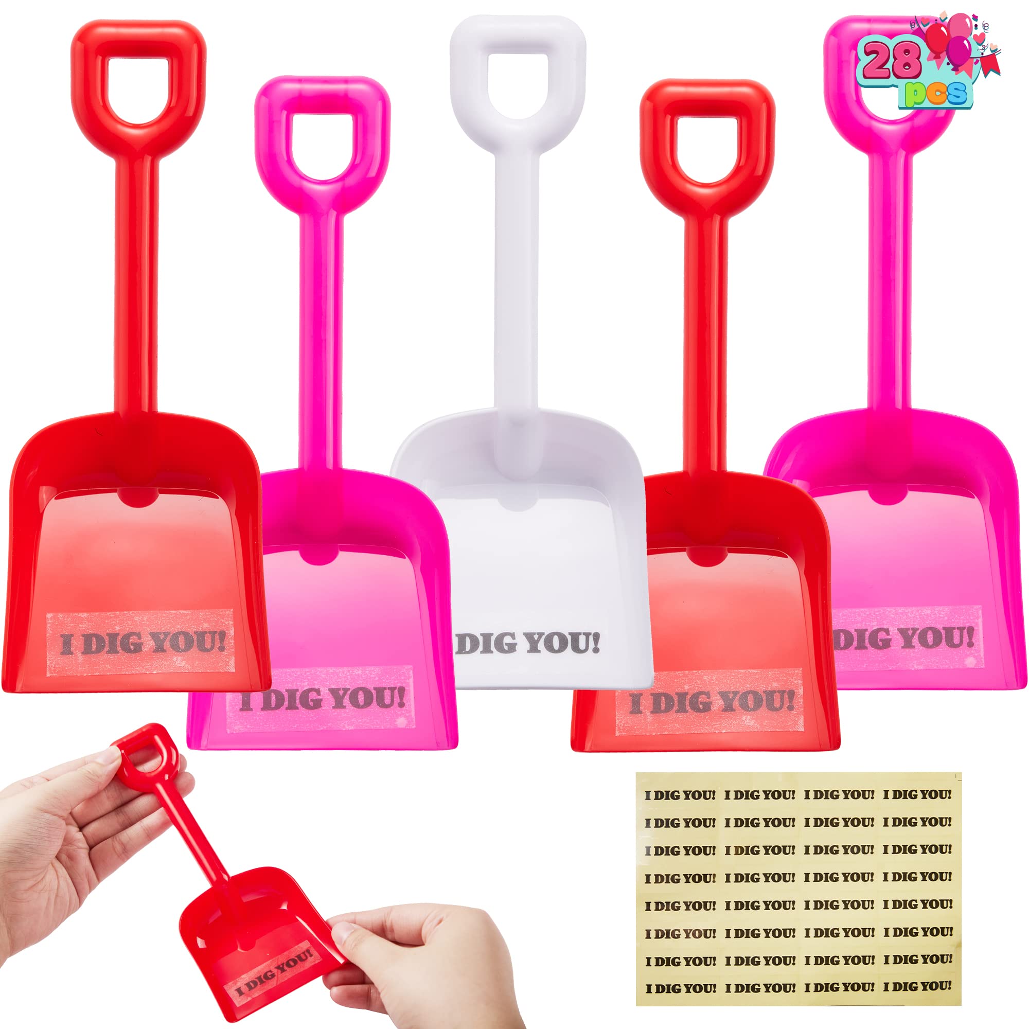 JOYIN 28 Plastic Toy Shovels in Pink Red and White for Valentines Day with I Dig You Stickers for Kids Party Favor, Classroom Exchange Prizes, Valentine’s Gifts with Vibrant Color