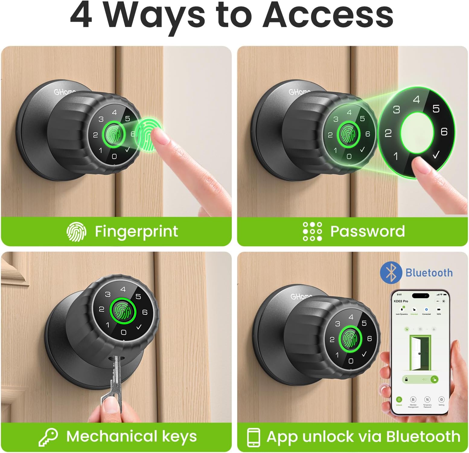 GHome Smart Fingerprint Door Lock, 4-in-1 Fingerprint Door Knob with Keypad, App Control, Keys, Removable & Rechargeable Battery, Door Locks for Bedroom, Home, Garage, Storage Room