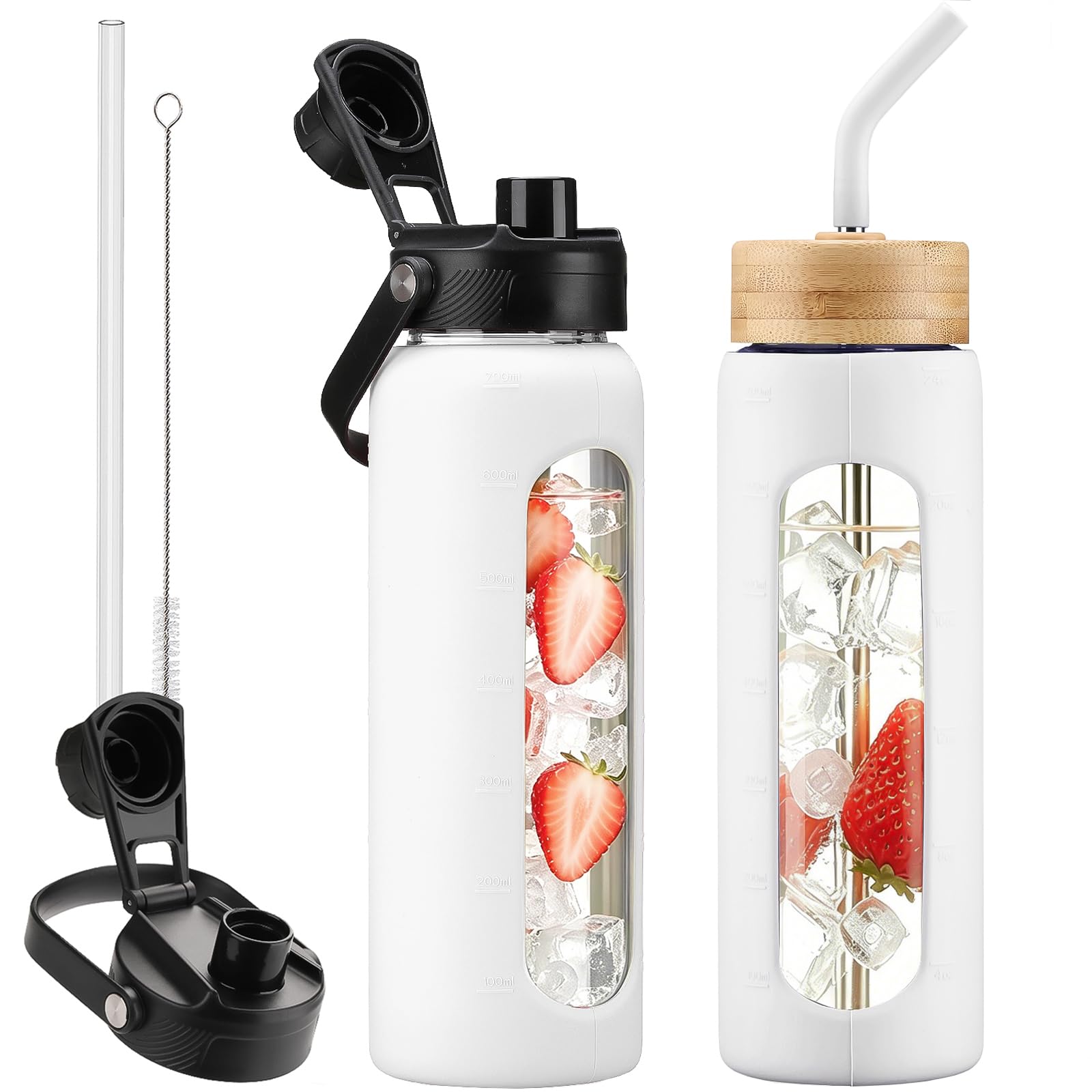 24 oz Glass Water Bottle with Straw and 2 Lids, White