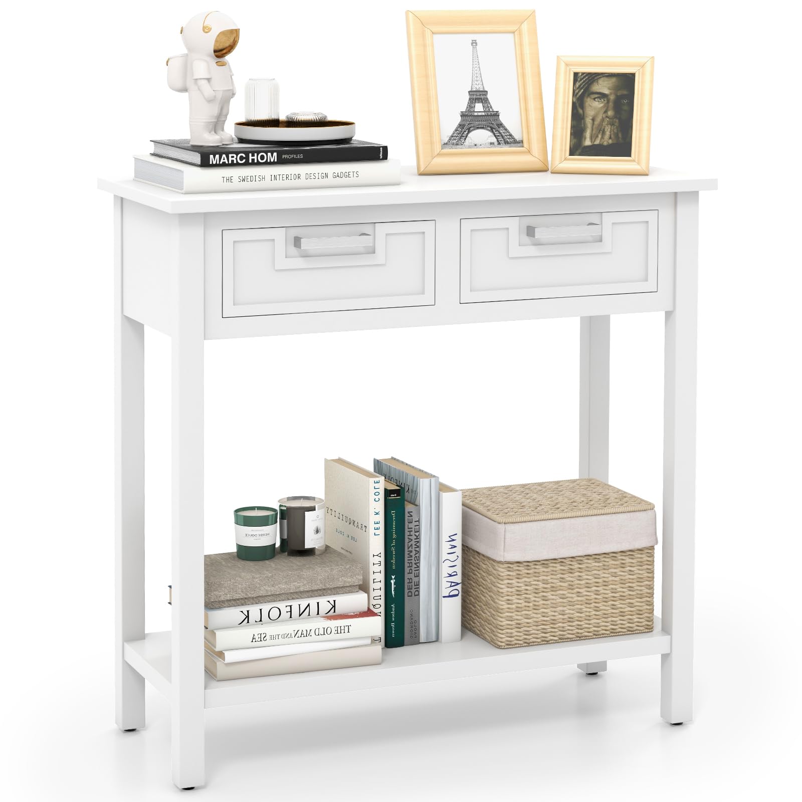 Giantex Console Table with Drawers, Entry Table, Narrow Sofa Table with Open Storage Shelf, Wood Legs, Foyer Table, Entryway Table for Office, Living Room, Hallway, Couch Table (White)