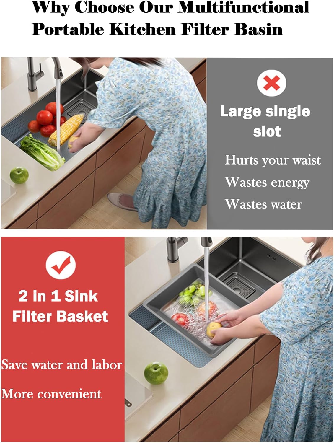 Kitchen Sink Strainer Basket Set Multifunctional Portable Strainer Basin with Sink Stopper Dishwashing Basin Vegetable Strainer Basket Drain Pasta Kitchen Sink Accessories(ABS+PP）