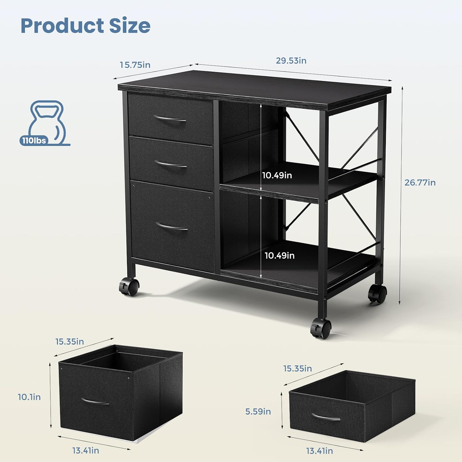 DUMOS File Cabinet, Mobile Storage Cabinet with 3 Drawers and Back Support Bar, Spacious Printer Stand with Storage Supporting 198 lbs for Home Office, Black
