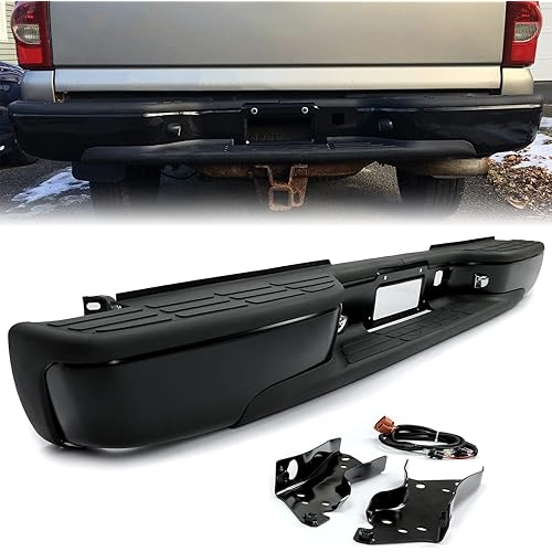 ECOTRIC Rear Step Bumper Compatible with 1999-2007 Chevy Chevrolet Silverado GMC Sierra 1500 2500 Classic Face Bar W/License Plate Lights Replace for GM1103122 12496085 GM1103124 Powder Coated Black