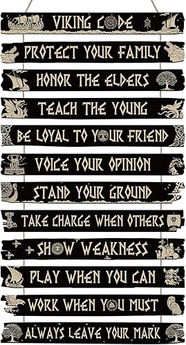 Thinkday Decoración vikinga, letrero nórdico, código vikingo, decoración de pared, runa nórdica pagana de madera, valknut nórdico medieval vegvisir
