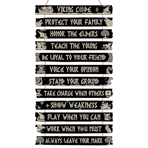 Thinkday Viking Decor Nordic Sign Viking Code Wall Decor Celtic Rune Norse Pagan Wooden Valknut Nordic Medieval Vegvisir Runes for Gift Home Kitchen Mythology Artwork Pagan(Black)