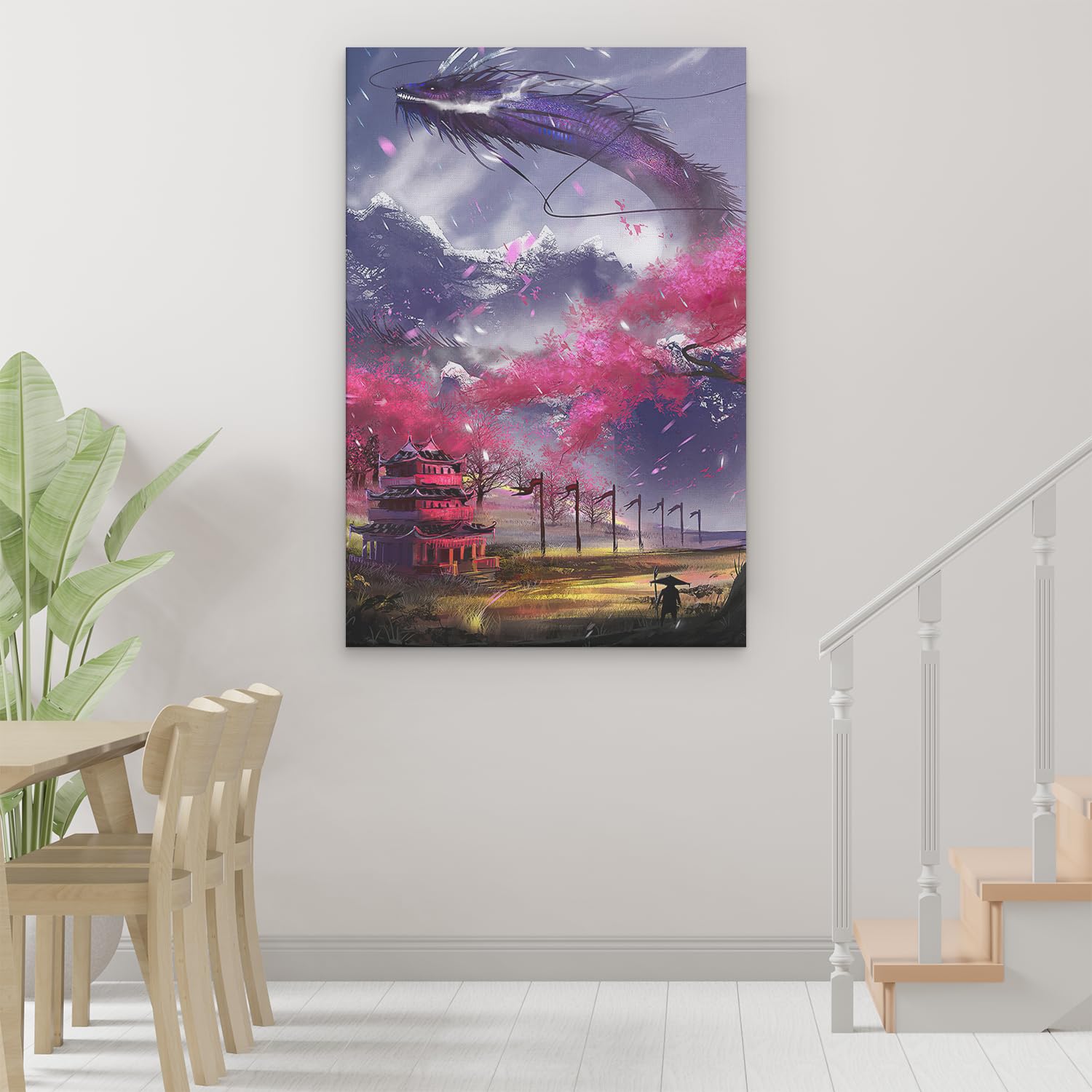 Artaza Cuadros Decoración Salón Modernos Dragón Japonés - 80x120 cm - Grande - Cuadros Decorativos Paisaje - Decoración Pared Sakura - Cuadro Templo Japonés
