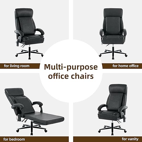 Miniatura 7 de DYHOME Silla de oficina de cuero negro con masaje y reposapiés, sillas de escritorio resistentes, sillas ergonómicas giratorias para juegos de