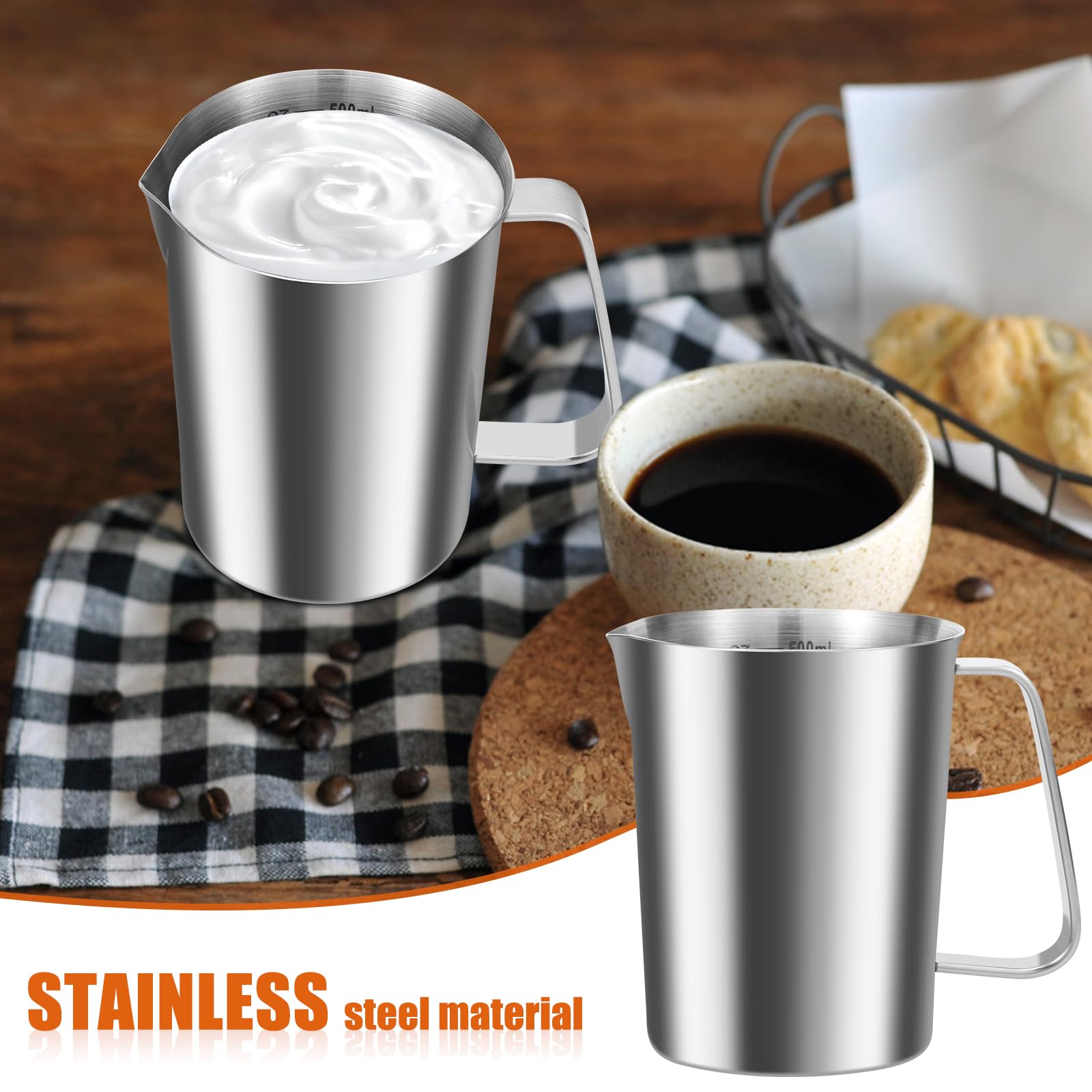 Stainless Steel Milk Jug 500ml Milk Frother Cup with Clear Marking Rust Proof Large Mouth Metal Graduated Beaker with Handle Coffee Cappuccino Latte Art Barista Steam Pitchers for Coffee Lovers - Image 3