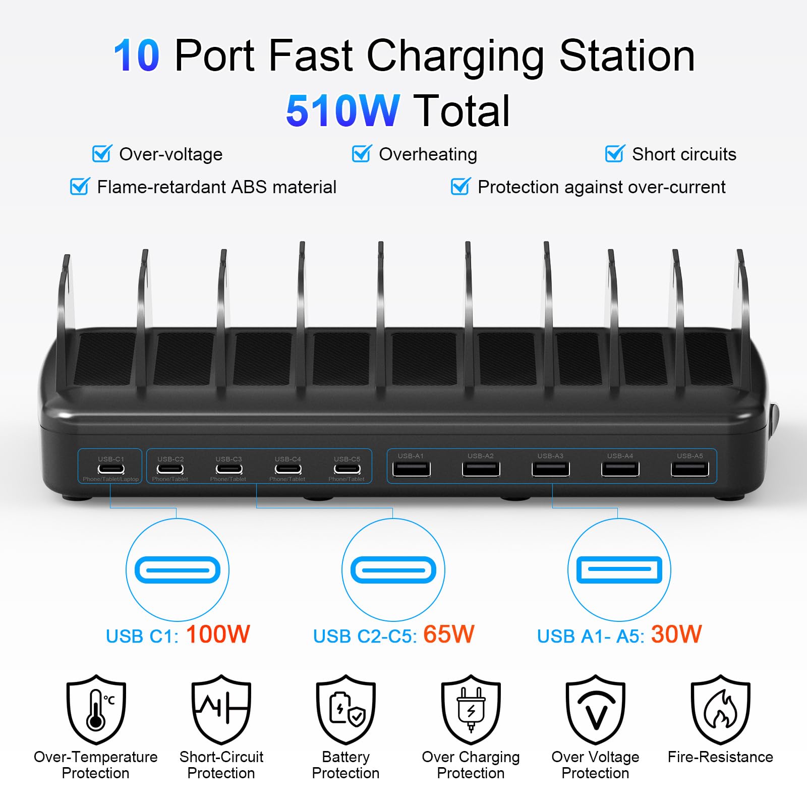 COTOP Estación de carga para varios dispositivos, 10 puertos de 65 W, cargador rápido para portátil, PD Desktop USB C Charging Station con soporte organizador, estaciones de carga doméstica