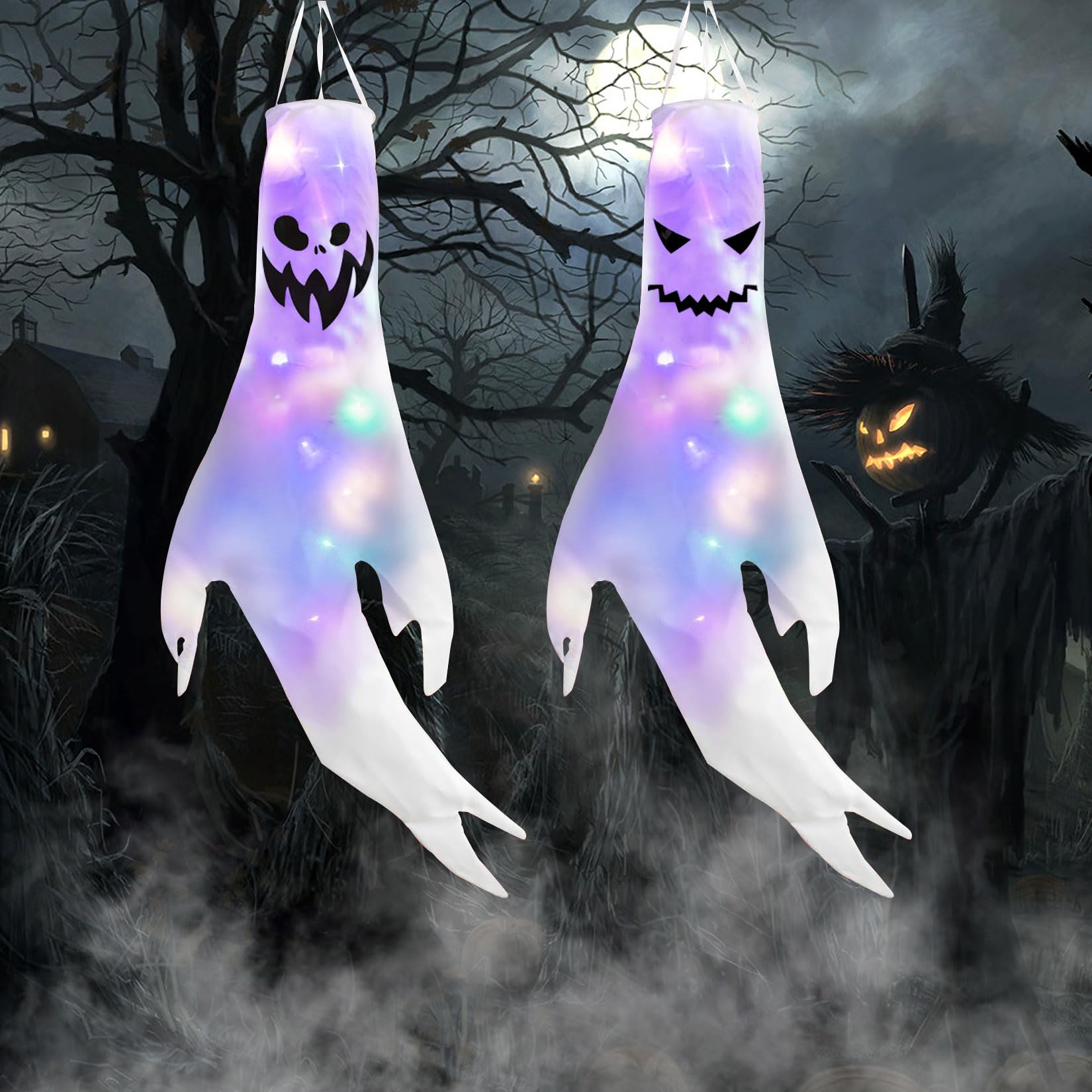 Herbst 2 unidades de decoración de Halloween, 140 x 57 cm, bolsas de viento colgantes, bandera fantasma, decoración de Halloween, decoración al aire libre para interior con diseño de cara de fantasma