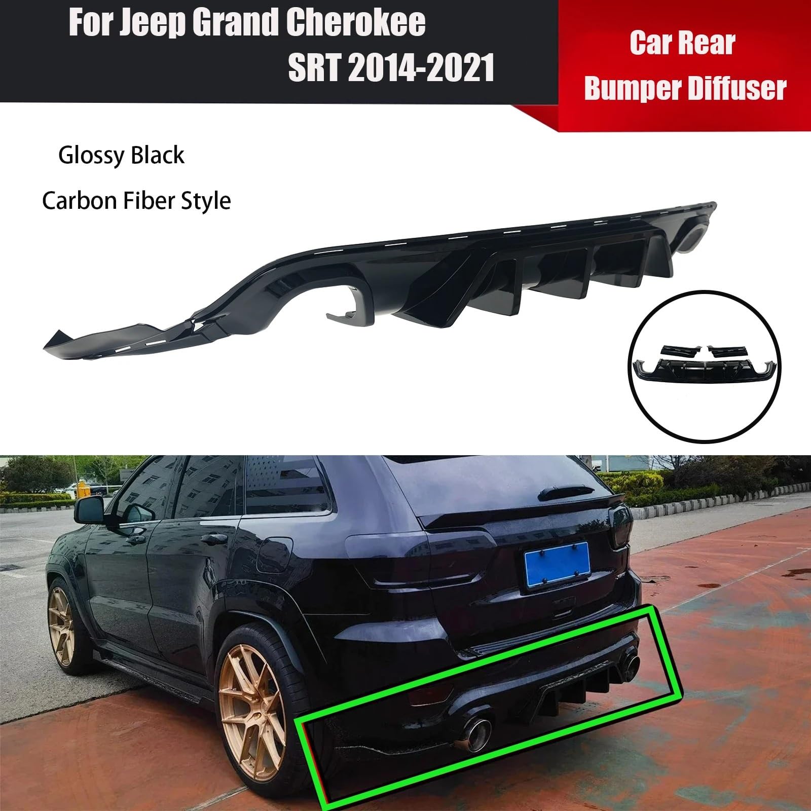 przedniego zderzaka Pasuje do Grand Cherokee SRT 14-21 Spoiler Splitter Body Kit styl włókna węglowego/czarny błyszczący 3 szt. Dyfuzor tylnego zderzaka(Carbon Fiber Style)