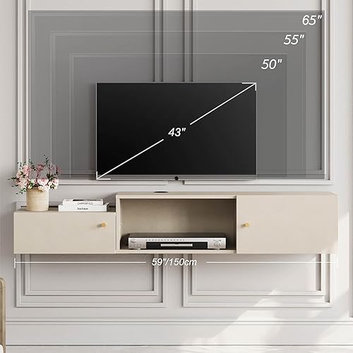 Miniatura 2 de WAMPAT Soporte de TV flotante con estación de carga, centro de entretenimiento montado en la pared con luz amarilla con almacenamiento, centro de