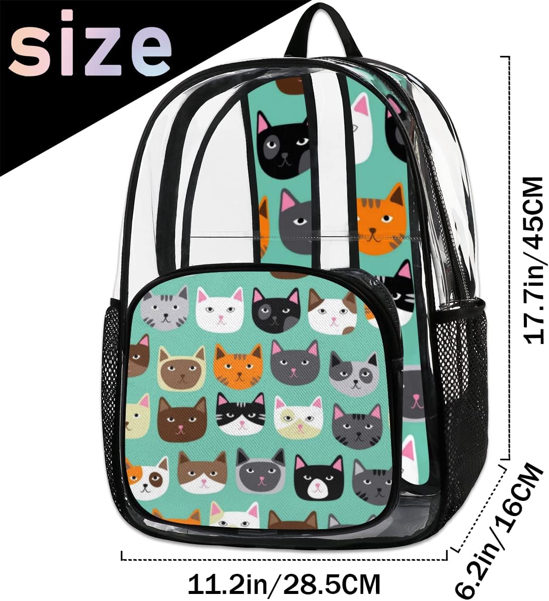 Cute Cat Face Clear Backpack Stadium Approved Heavy Duty PVC Transparent Backpacks Large Laptop Backpack for Work Travel Sports Events Concerts
