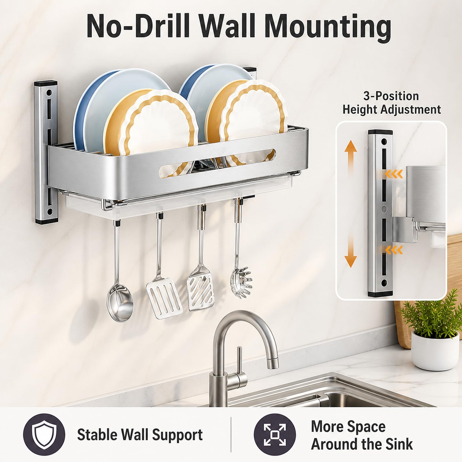 Escurridor de Platos de Pared,Escurridor de Pared,Escurreplatos De Pared De Acero Inoxidable,Escurreplatos sobre Fregadero,Ahorra Espacio,para Platos,Cuencos y Tablas de Cortar