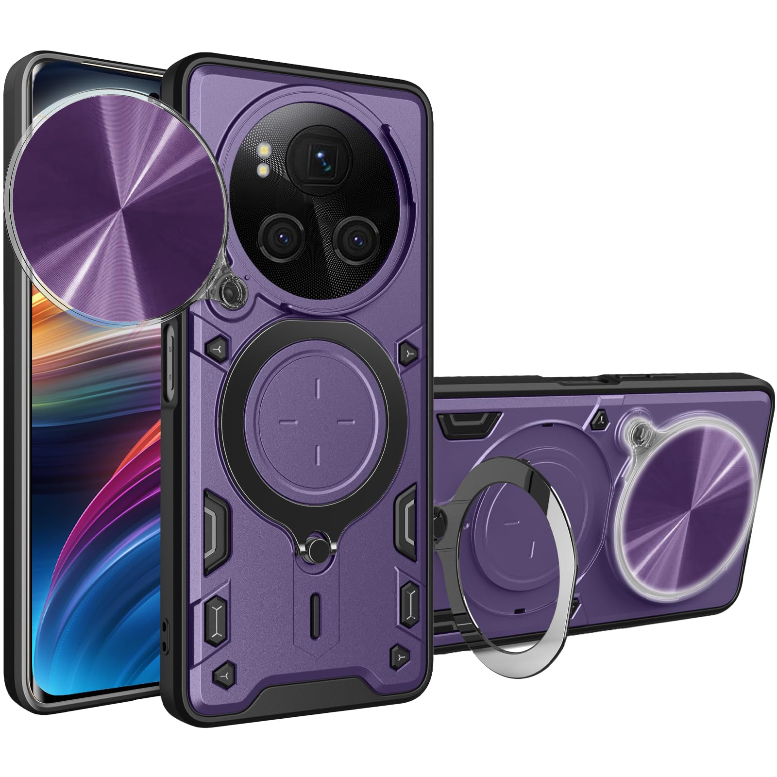 Ysnzaq Armor Case for Honor Magic 6 Pro (Not Magic 6) with Slide Camera Lens Cover, Heavy Duty TPU+PC Shockproof Protect Phone Case with Magnetic Coil Bracket for Honor Magic 6 Pro CQ Purple