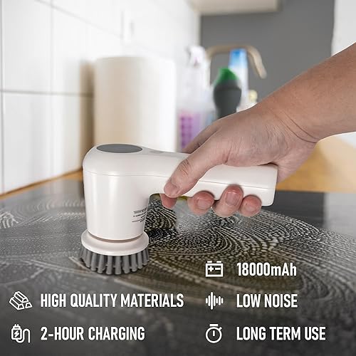 Miniatura 3 de Limpiador eléctrico giratorio, cepillo de limpieza inalámbrico para el hogar, IPX7 impermeable con 5 cabezales de cepillo reemplazables y mango de