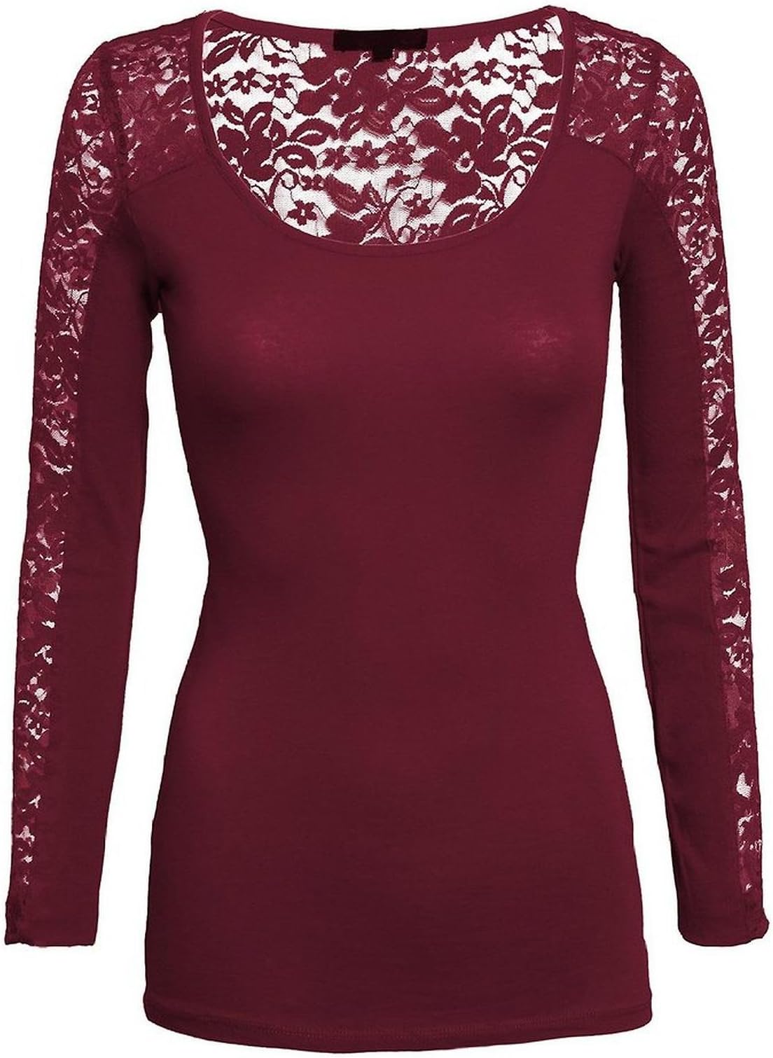 G2 Chic Women's Fashion Lace Long Sleeve Basic Scoop Neck Top Tee Shirt(TOP-SHT,DRD-S)