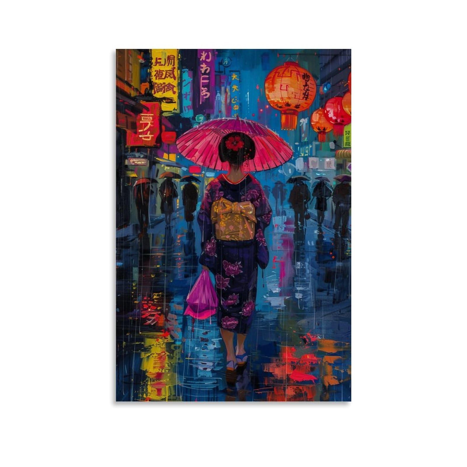 HUERYRYHY Rainy Tokyo Geisha 01 Poster Wall Art Canvas Vintage Aesthetic Painting Decor for Rooms 20x30inch Unframe-style