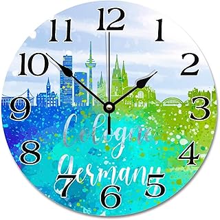 Cologne City Skyline Wall Clock Watercolor Germany Cologne Cityscape 10 Inch Round Wall Clocks Battery Operated Silent Travel Hanging Clock for Bedroom Living Room Farmhouse Wall Decor