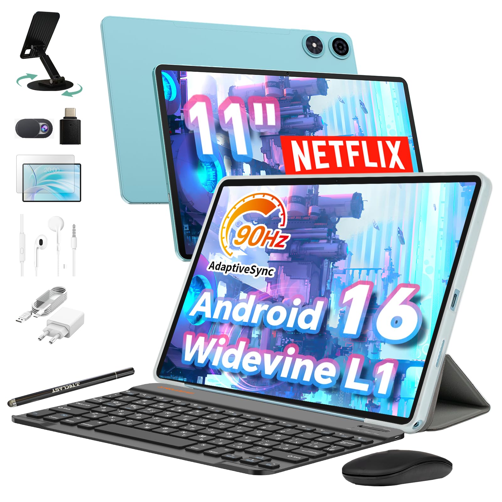 TECLAST P50 Tablet 11 Pollici 90Hz Tablets Android 16, 2.0GHz Octa-Core, 12GB RAM+128GB ROM/TF 4TB/7000mAh/Widevine L1/GPS/BT5/OTG/Tablet con Tastiera+Custodia+Penna+Auricolari, 10 Accessori