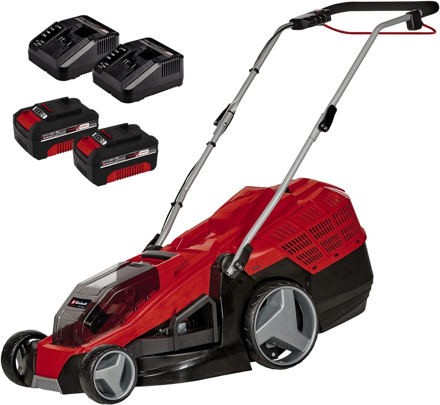 Einhell Red/Black Cordless Lawnmower With Battery (X2) And Charger (X2)36V Power X-Change, 43Cm Cutting Width, 63L Grass Box, Brushless Motor, 6 Cutting Heights, Mulching Ge-Cm 36/43 Li M Lawn Mower