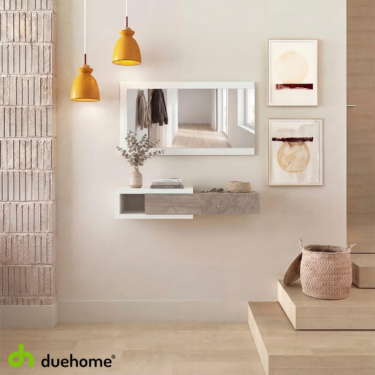 duehome | Recibidor con Cajon y Espejo, Mueble de Entrada, Modelo Derek, Acabado en Blanco Artik y Roble Alaska, Medidas: 95 cm (Ancho) x 19 cm (Alto) x 25,2 cm (Fondo)