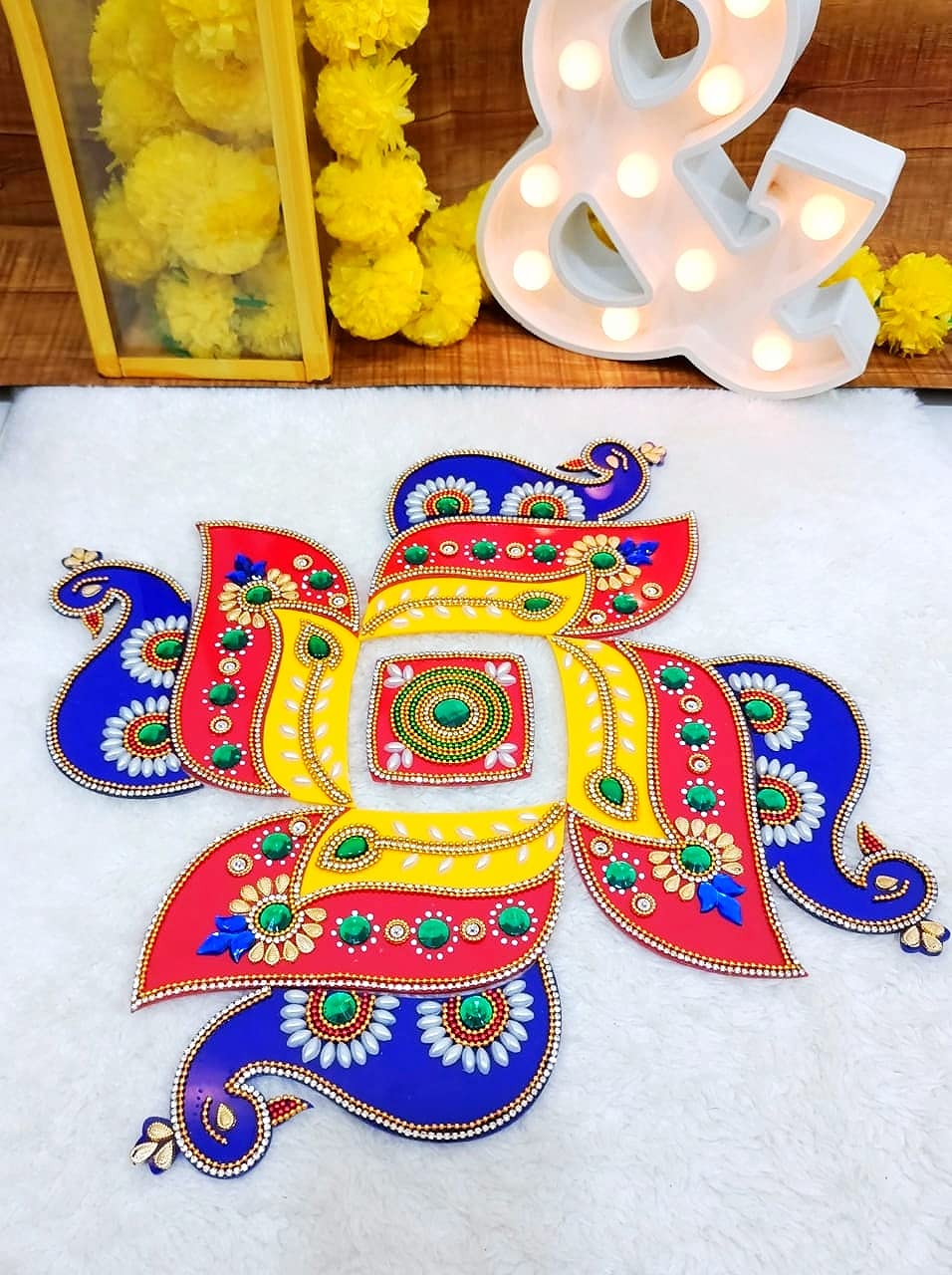 Itiha Hindu Swastik Peacock Rangoli Indian Decor for Wall, Floor & Table Decoration for Christmas and Diwali - 12 Piece Handmade(12 inches)