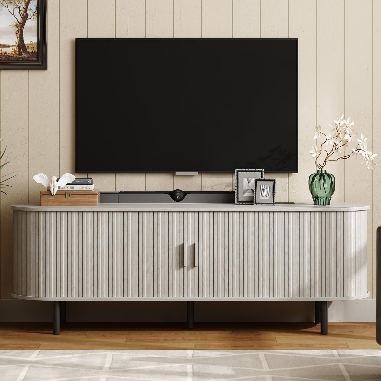 ONBRILL 63" TV Stand with Power Outlet for TVs up to 70 Inch, Entertainment Center with Storage and Adjustable Shelves, Modern Media Console with Sliding Doors for Living Room, Natural White