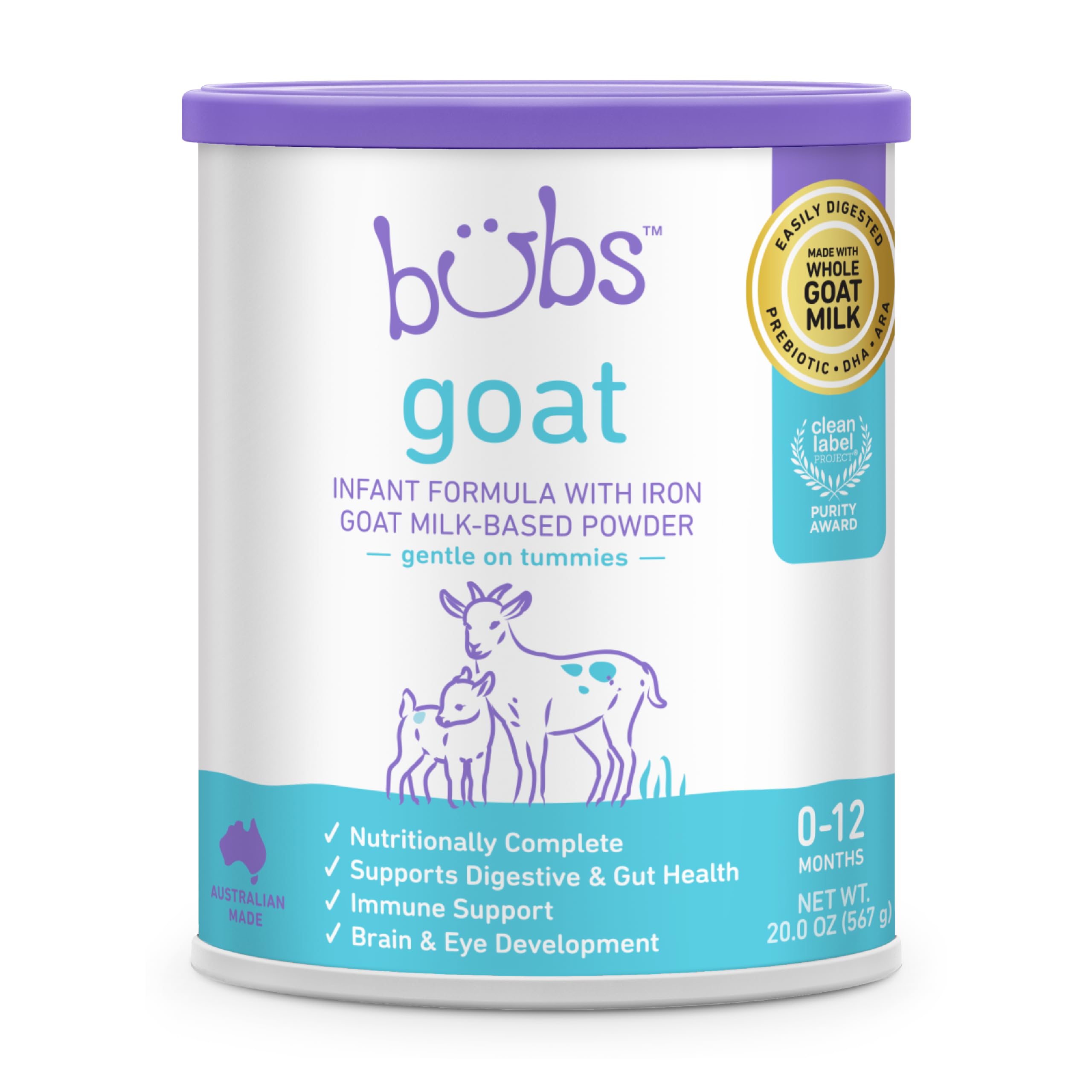 Bubs Whole Goat Milk Infant Formula for 0-12 Months, Non-GMO Milk, 20 oz