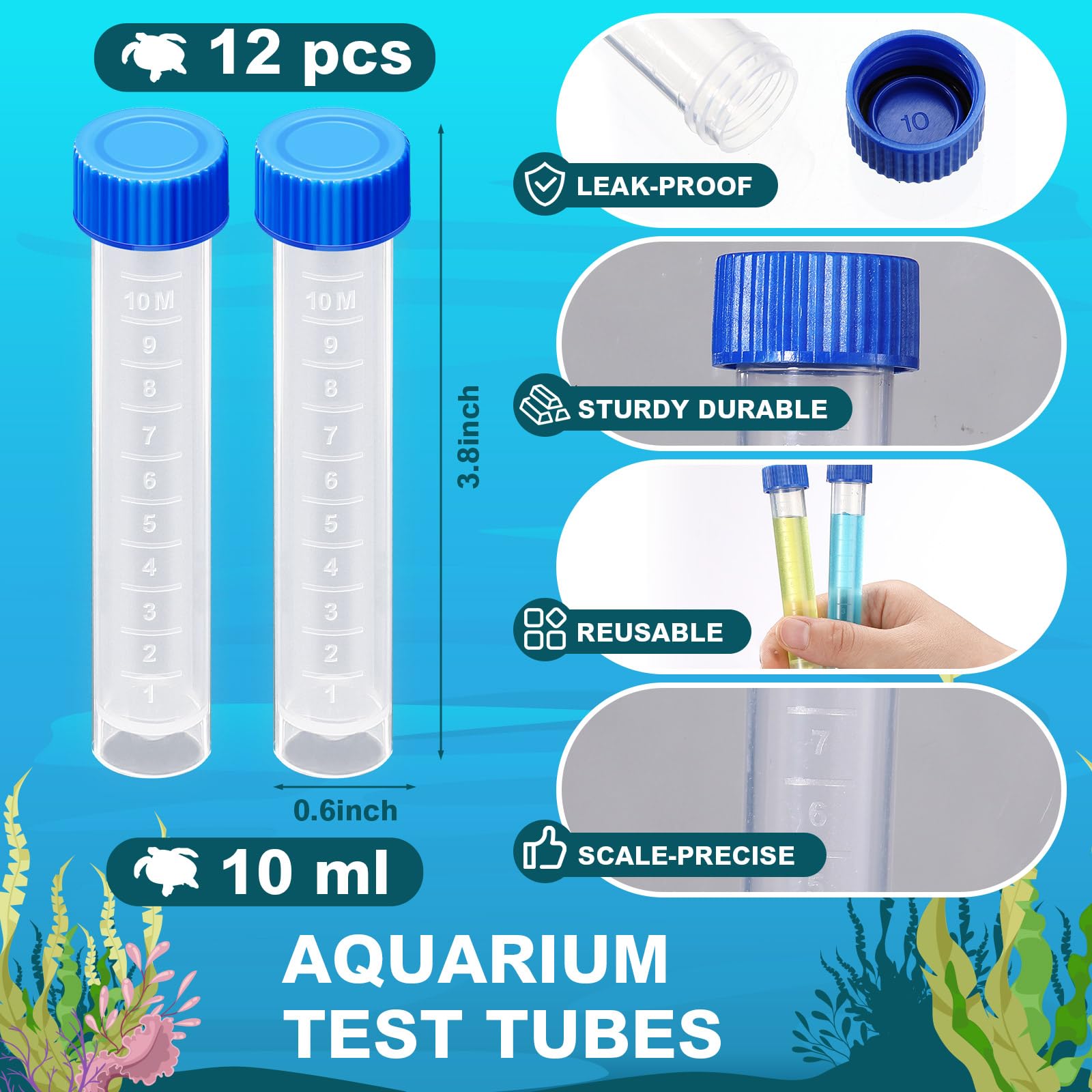Konohan 12 tubos de ensayo de repuesto para kits de prueba de acuario, tubos de ensayo autoportantes de plástico congelado de 10 ml con línea de escala para pruebas de agua de acuario