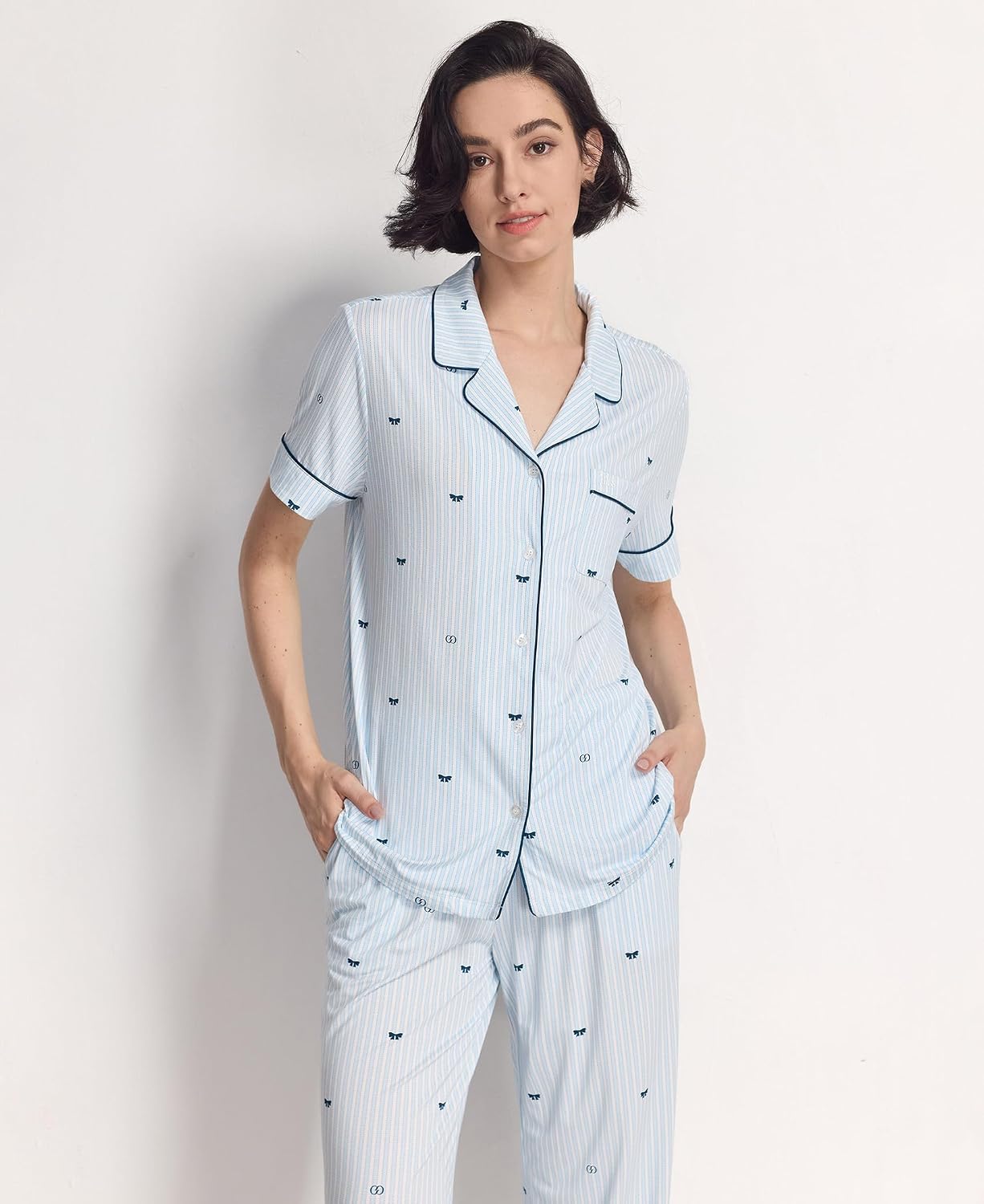 GYS Women's Pajama Set Bamboo Viscose Notch Collar Button Down Short Sleeve Top with Pants 2 Piece Sleepwear
