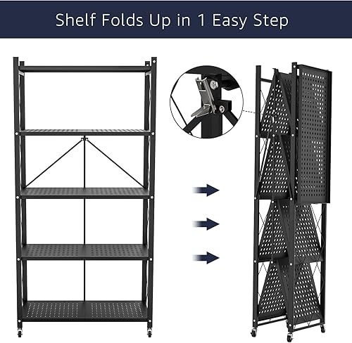 Miniatura 4 de Estante de almacenamiento plegable de 3 niveles con ruedas, estante plegable de metal, carrito rodante para libros, estantes de almacenamiento de