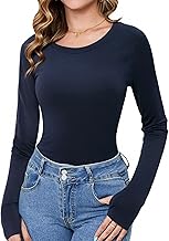 Womens Long Sleeve Tops Ladies Crew Neck Base Layer Shirts Slim Fit Basic Stretch Top Lightweight Undershirt with Thumb Holes