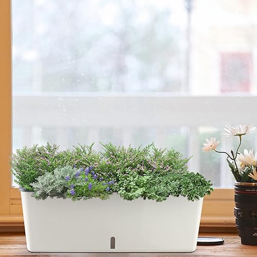 Miniatura 7 de Paquete de 3 macetas rectangulares de riego automático para plantas de interior de 17 x 4.7 pulgadas, jardineras rectangulares para alféizar de