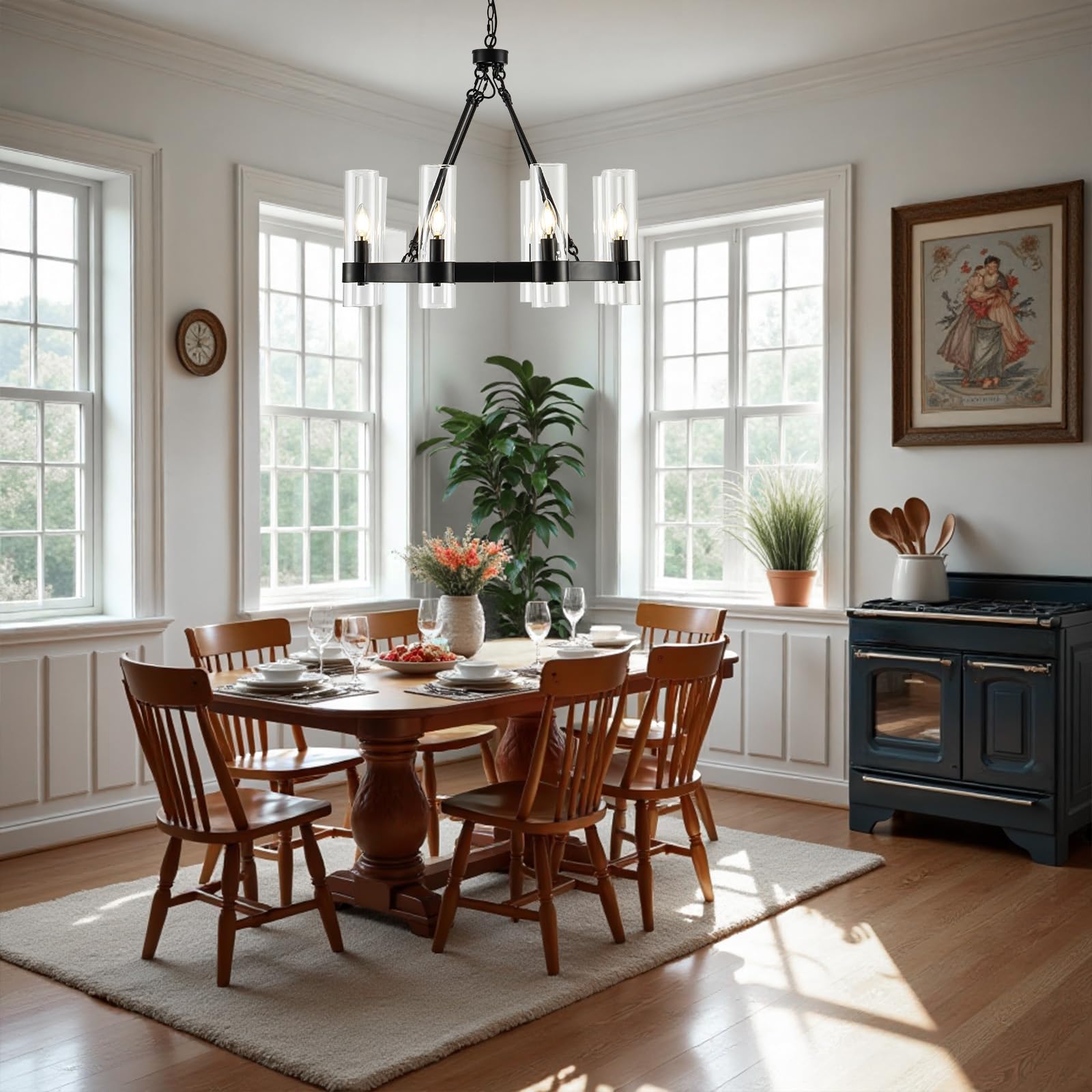 MAYNA 26 Inch Black Wagon Wheel Chandelier with Glass Shade, 8 Lights, Modern Farmhouse Style, Ideal for Dining Room, Kitchen, Entryways